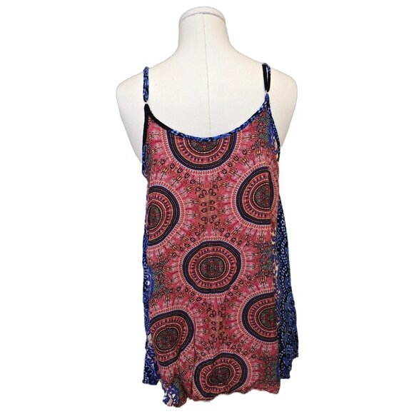 Womens Red Blue Boho Tank Top Flowy Mandala Print Summer Beach Festival Sz L - Picture 7 of 9